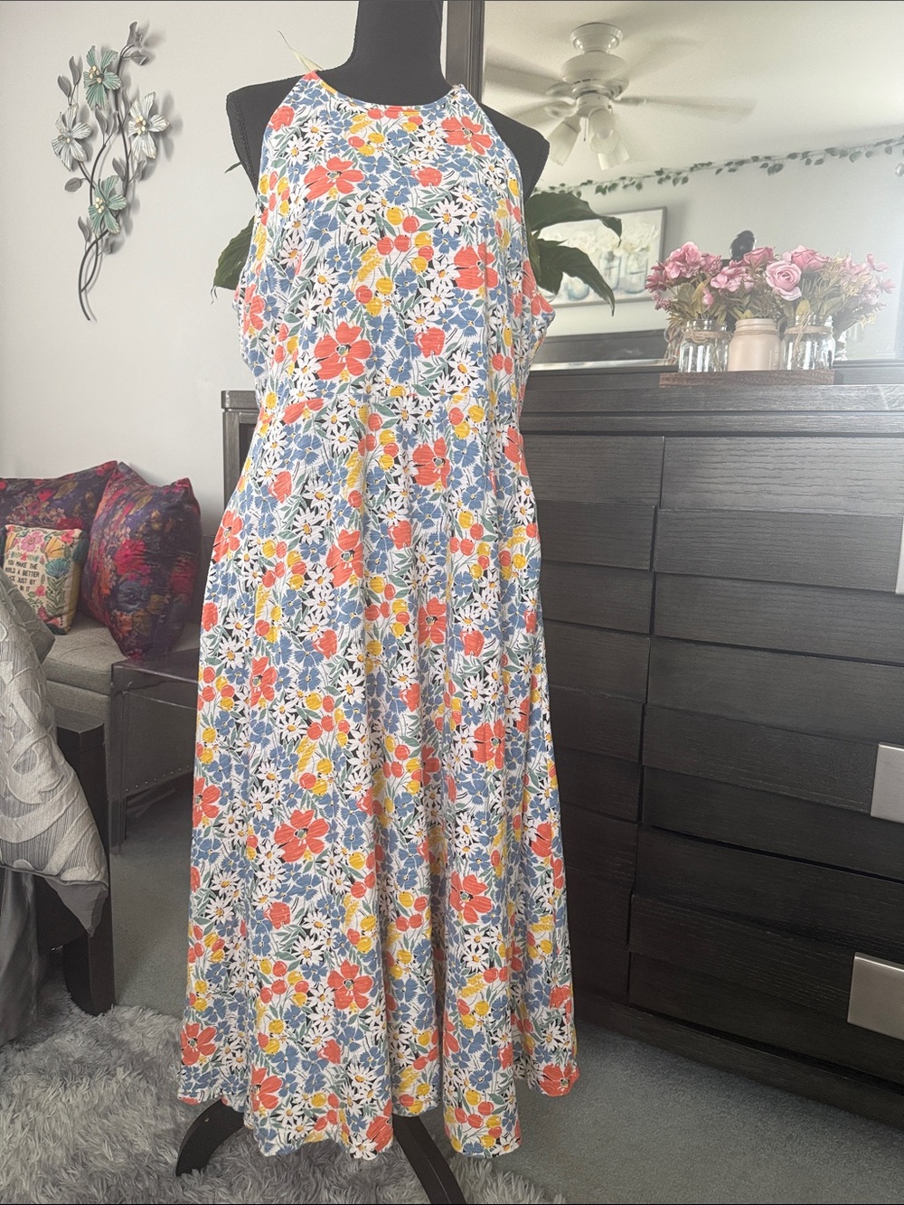 Chaps Floral Midi Dress in Blue, Coral & Yellow